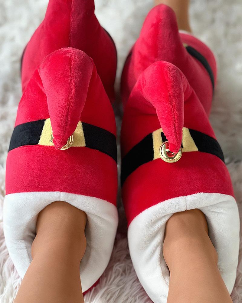 

Christmas Elf Jingle Bell Cartoon Fuzzy Slippers, Red