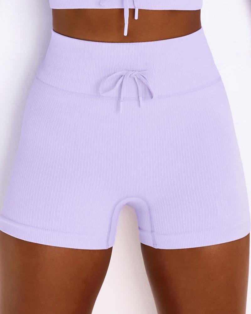 

Drawstring Knitted High Waist Sport Short Pants, Purple