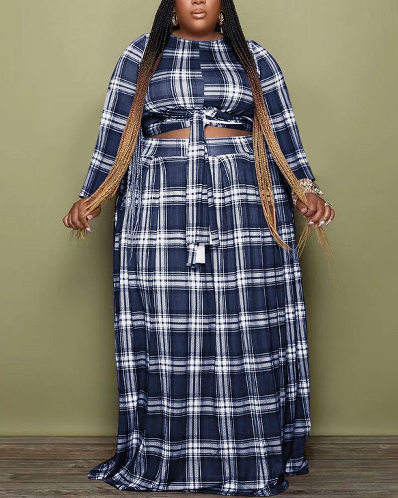 

Plus Size Plaid Print Tied Detail Crop Top & Skirt Set, Blue