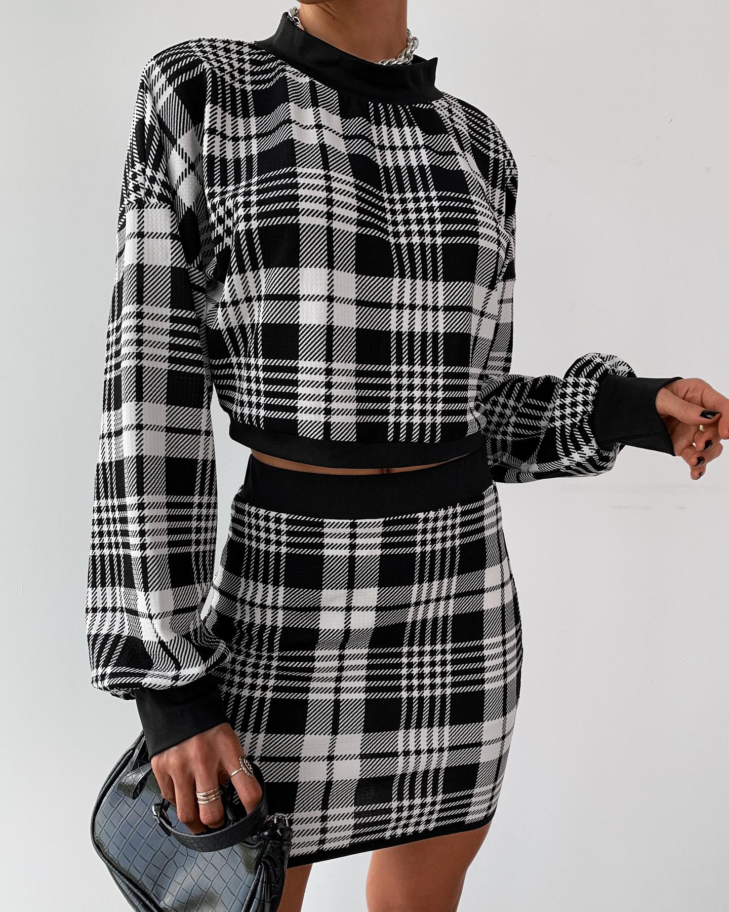 

Grid Long Sleeve Crop Top & Mini Skirt Sets, Black