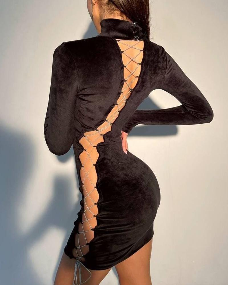 

Lace-up High Neck Velvet Bodycon Dress, Black