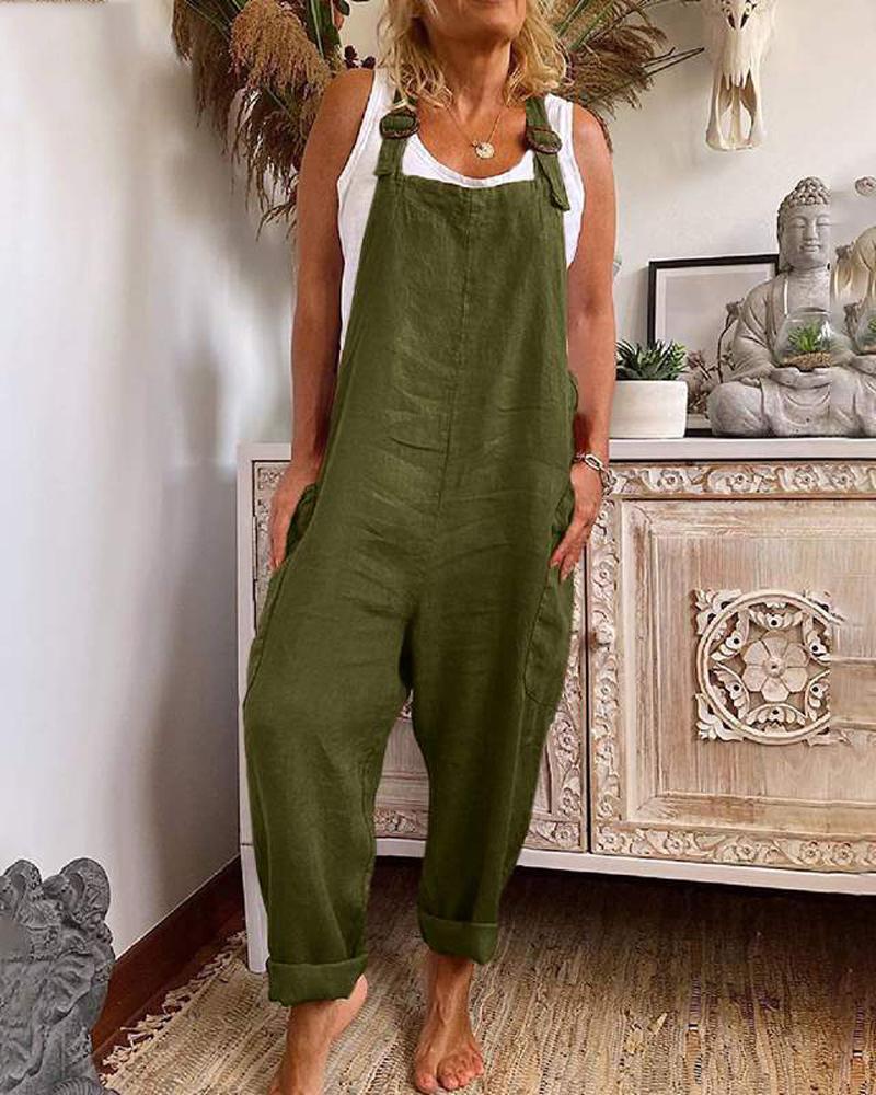 

Pocket Detail Buckle Strap Suspender Jumpsuit, Green
