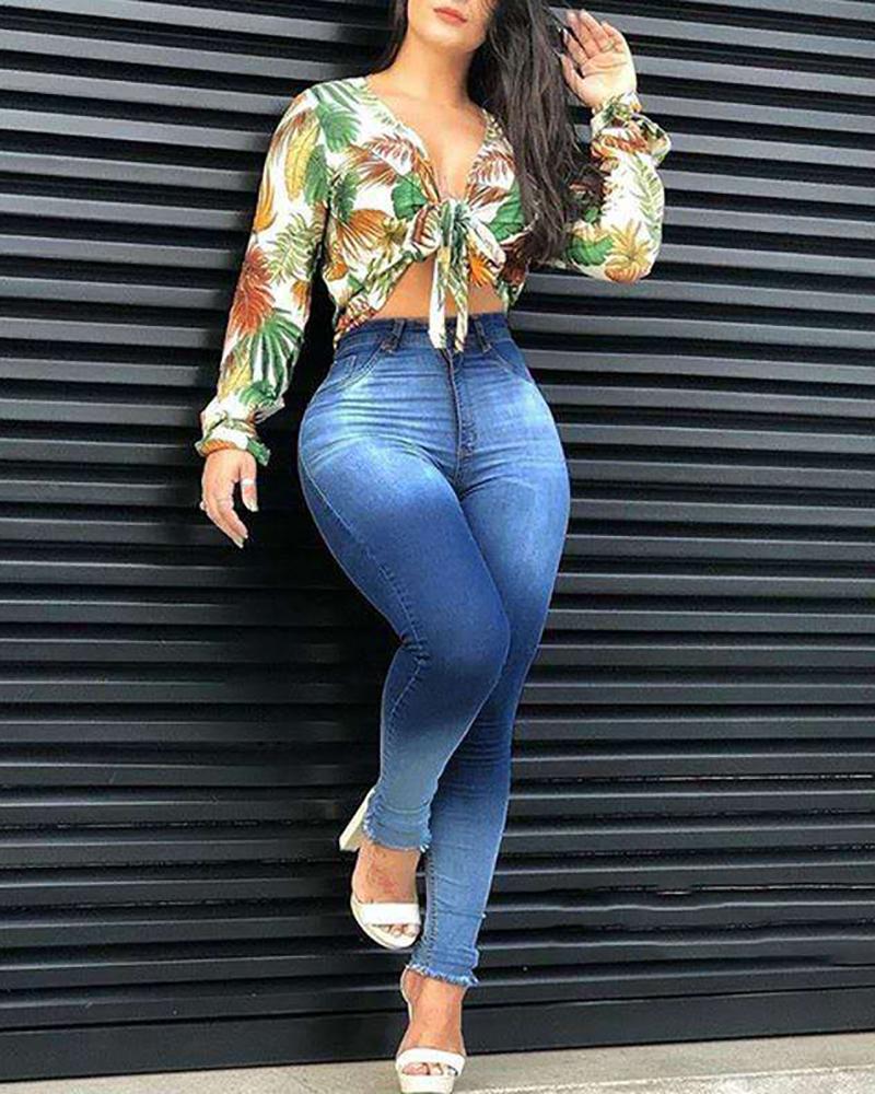 

High Waist Button Pockets Casual Jeans, Dark blue