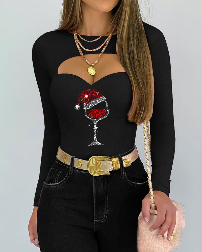 

Christmas Graphic Print Cutout Front Top, Black