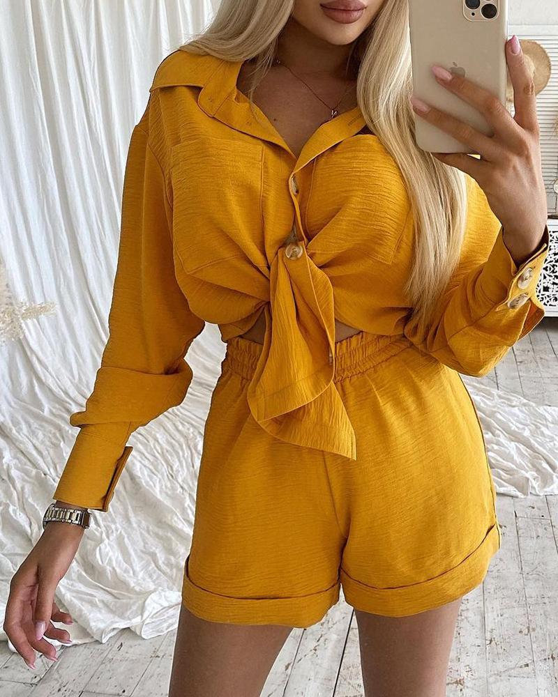 Long Sleeve Buttoned Pocket Design Top & Shorts Set