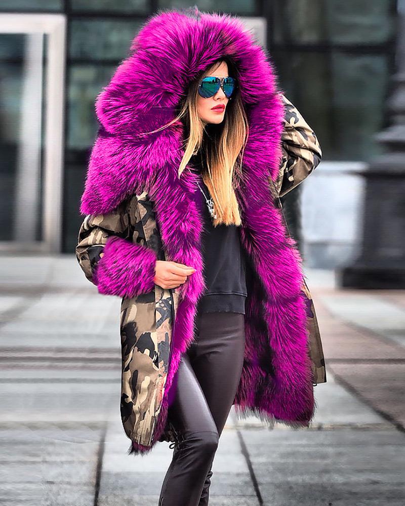 

Camouflage Print Faux Fur Hooded Coat, Hot pink