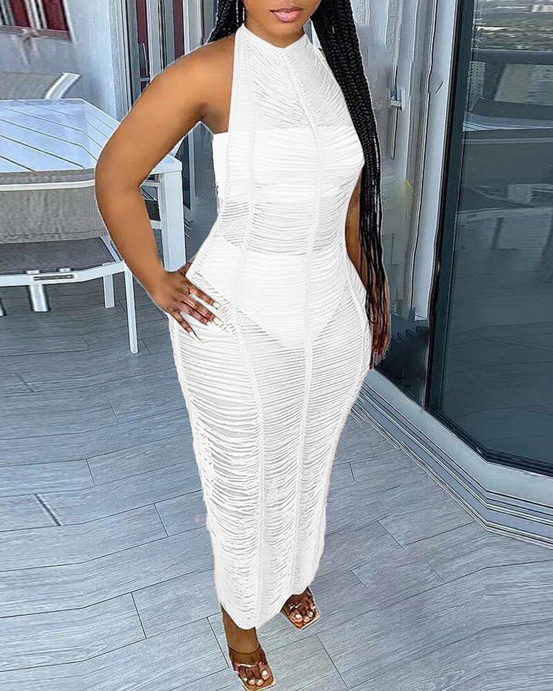 

Halter Backless Crochet Cover Up Beach Dress, White