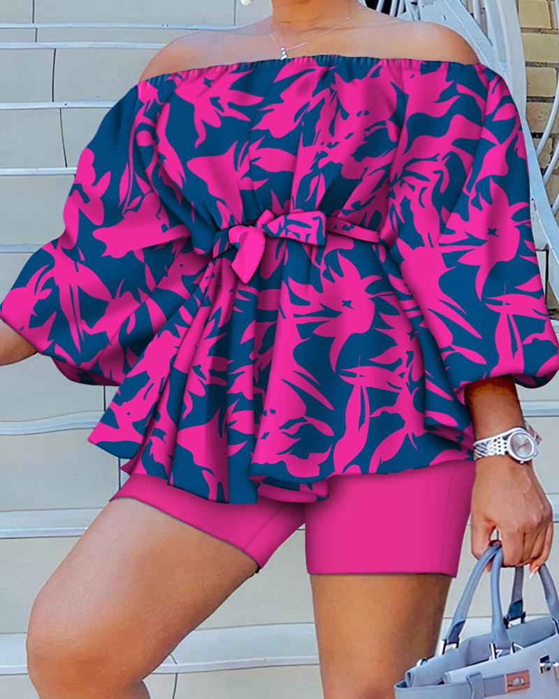 

Plus Size Plants Print Off Shoulder Top & Shorts Set, Multicolor