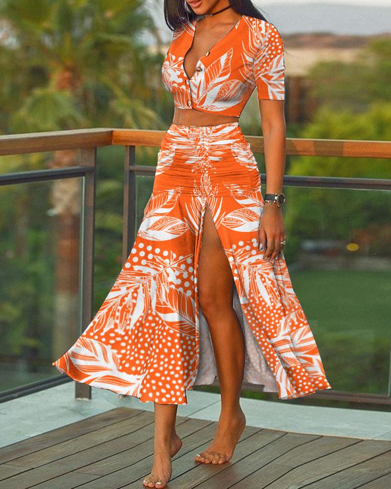 

Tropical Print Buttoned Crop Top & Maxi Skirt Sets, Orange