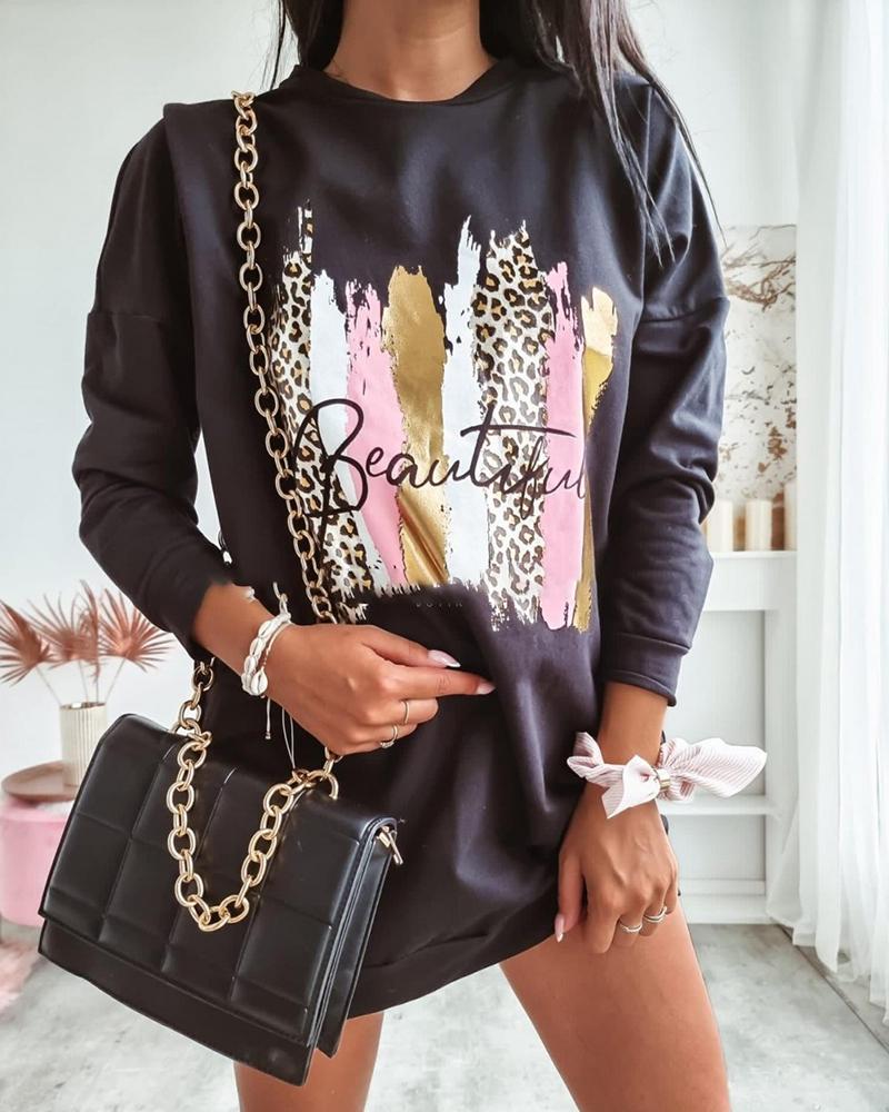 

Letter Graphic Print Long Sleeve Sweatshirt Dress, Black