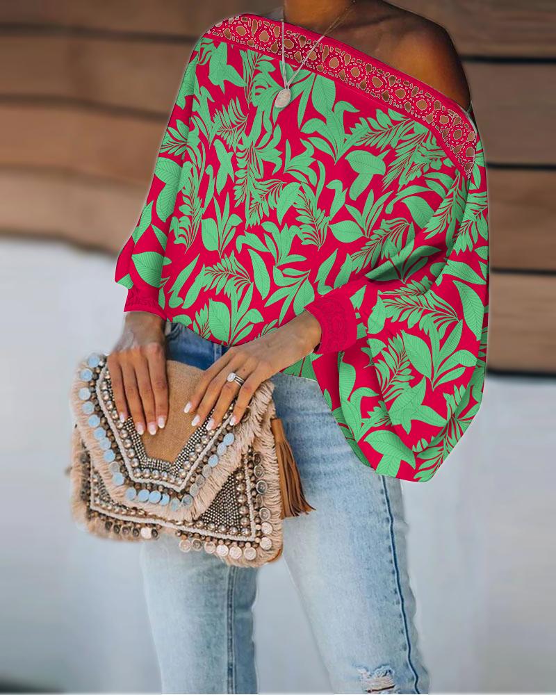 

Tropical Print Contrast Lace Lantern Sleeve Top, Multicolor