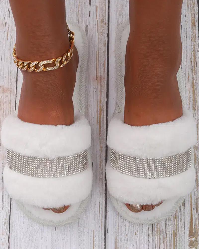 

Fuzzy Rhinestone Decor Slippers, White