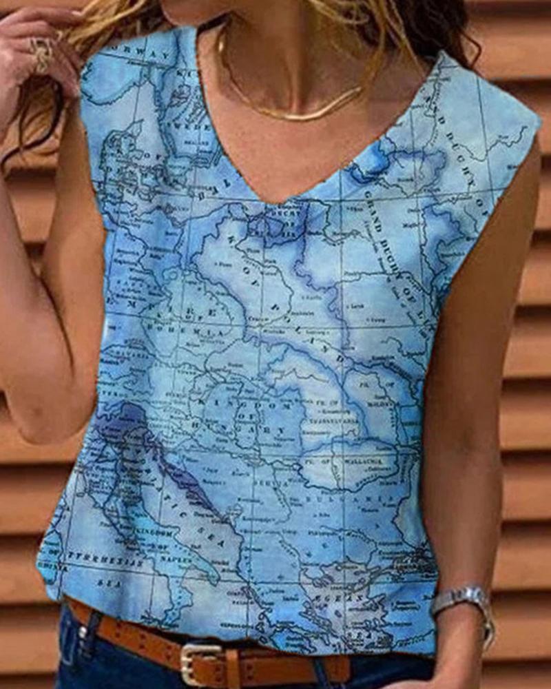 

Map Print Sleeveless Tank Top, Blue