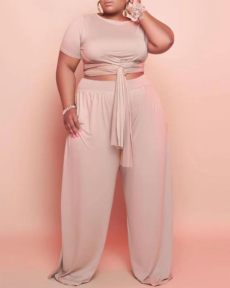 

Plus Size Tied Detail Top & Wide Leg Pants Set, Pink