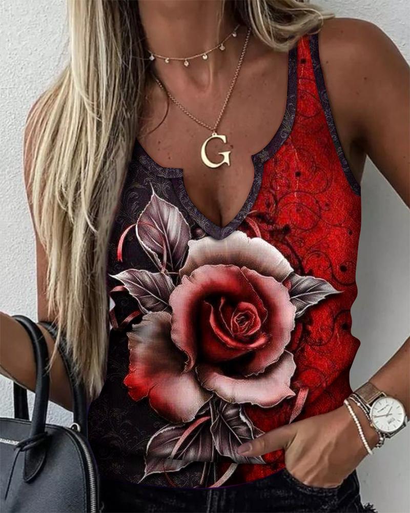 

Floral Print Colorblock V-Cut Tank Top, Multicolor