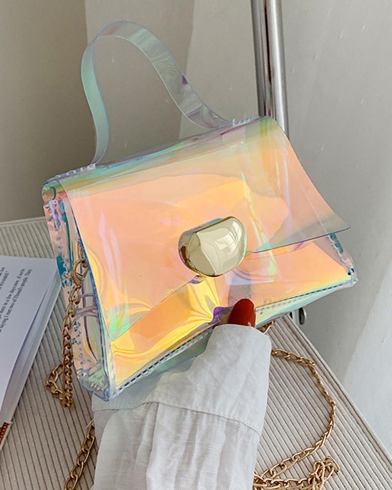

Clear Holographic Top Handle Chain Strap Square Bag, Multicolor