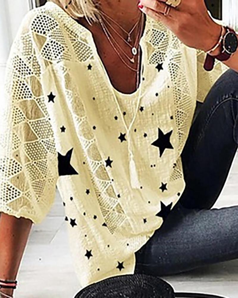 

Star Print Tassel Design Hollow Out Top, Yellow