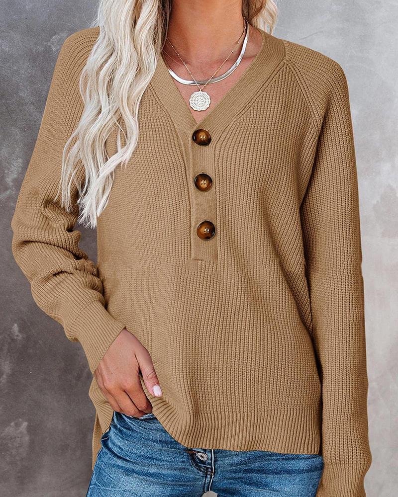 

Button Detail Long Sleeve Knit Sweater, Khaki