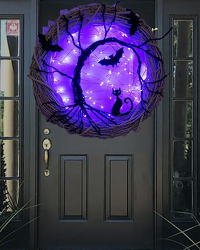 

Lighted Halloween Door Wreath Halloween Decorations Bat Cat Wreath With LED Purple Lights Halloween Party Decoration, Style1