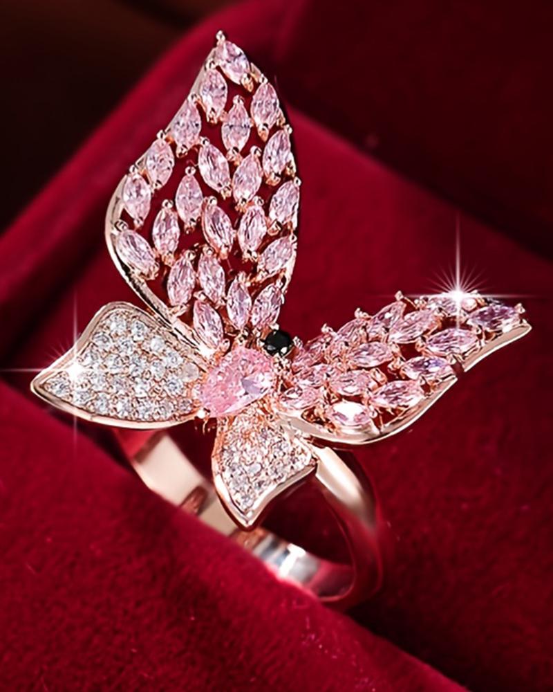 

1pc Crystal Stone Butterfly Pattern Fashionable Ring, Pink