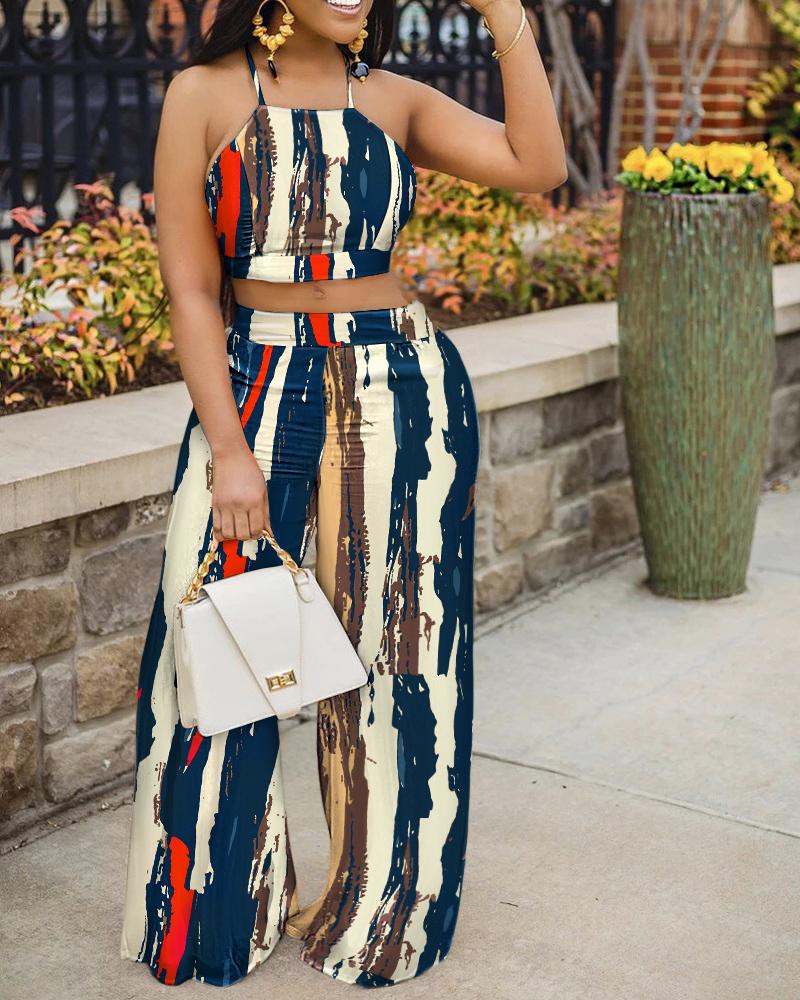 Abstract Print Crop Top & Wide Leg Pants Set