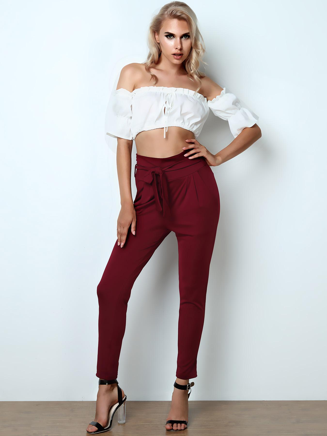 

Frills High Waist Self-tied Pleated Skinny Pants, White;black;dark blue