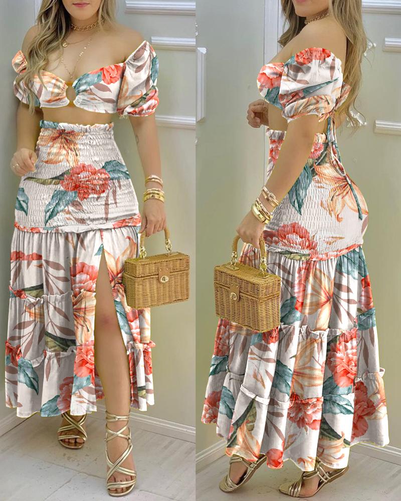 

Floral Print Crop Top & Frill Hem Shirred Slit Maxi Skirt Set, Multicolor
