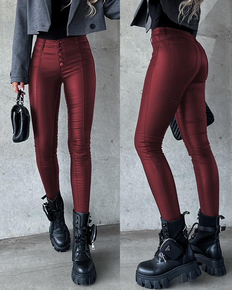 

High Waist PU Leather Skinny Pants, Wine red