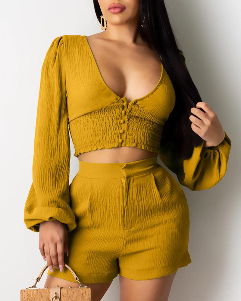 

Lantern Sleeve Buttoned Shirred Crop Top & Shorts Set, Yellow