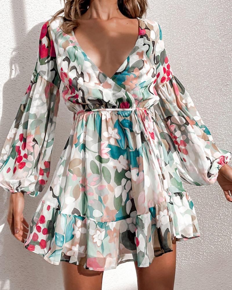 

Floral Print Lantern Sleeve Ruffle Hem Casual Dress, Multicolor