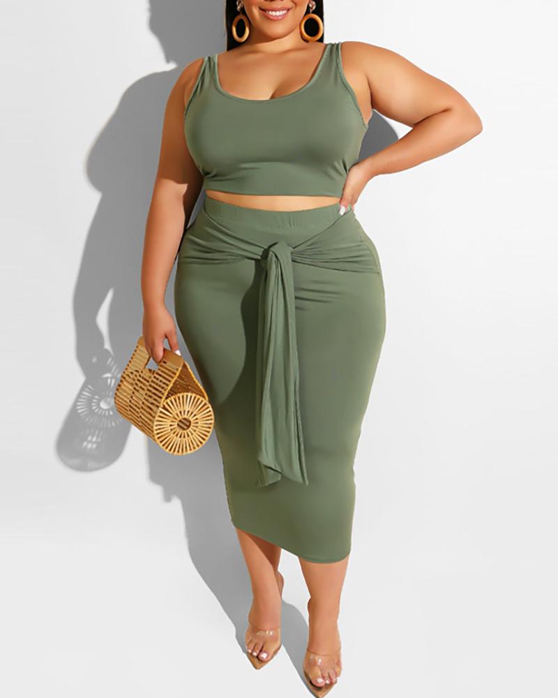 

Solid Thick Strap Top & Midi Skirt Set, Dark green