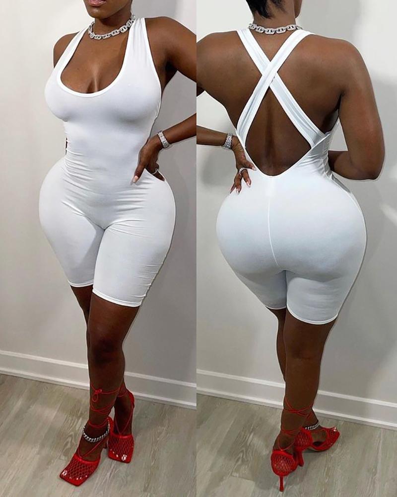 

Halter Crisscross Backless Skinny Romper, White