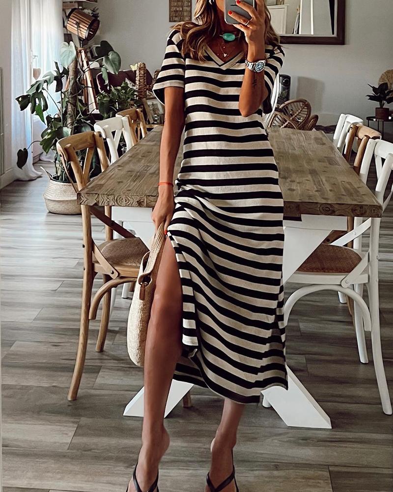 

Striped Print V-Neck Split Hem Casual Dress, Black