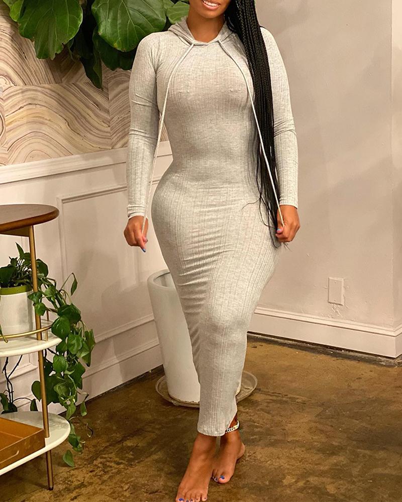 

Long Sleeve Hooded Drawstring Casual Dress, Light gray