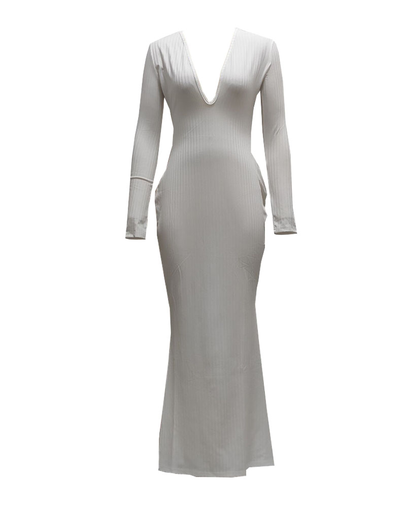 

Long Sleeve Deep V-Neck Ribbed Bodycon Dress, White