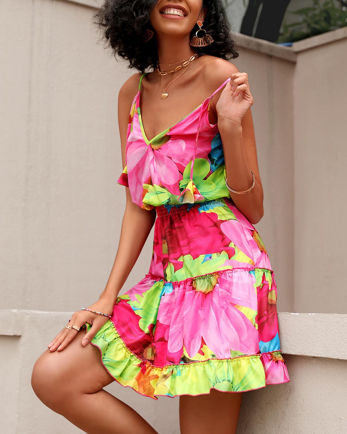 

Multicolor Floral Print Skinny Waist Sling Mini Dress