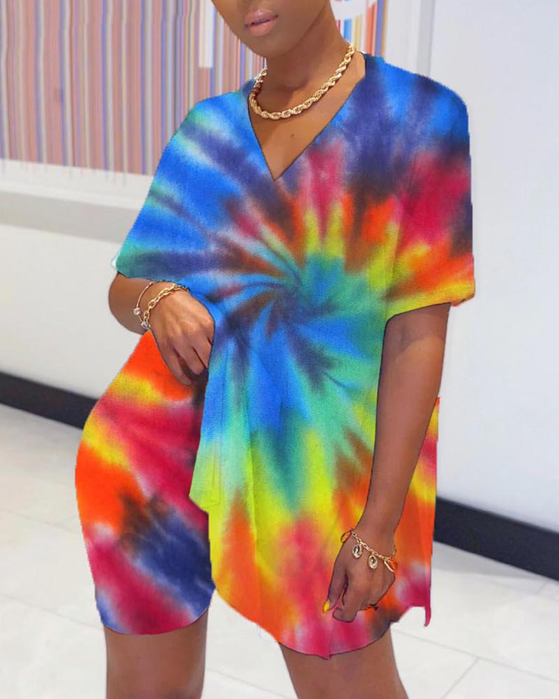 

Tie Dye Print Short Sleeve Top & Shorts Set, Blue