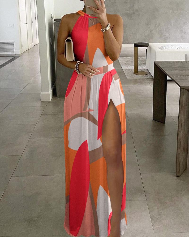 

Allover Print Ruched High Slit Maxi Dress, Orange