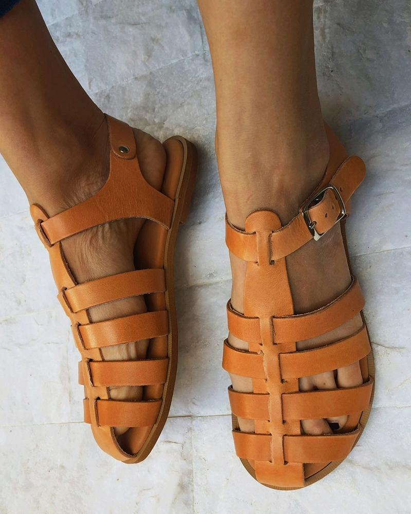 

Solid Cut-out Round-toe Flat Sandals, Brown