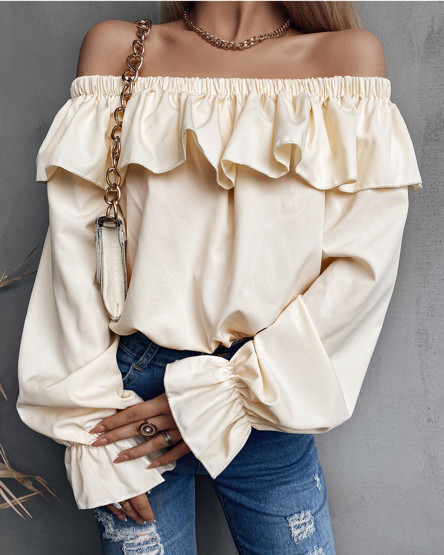 

Off Shoulder Ruffles Long Sleeve Top, Apricot