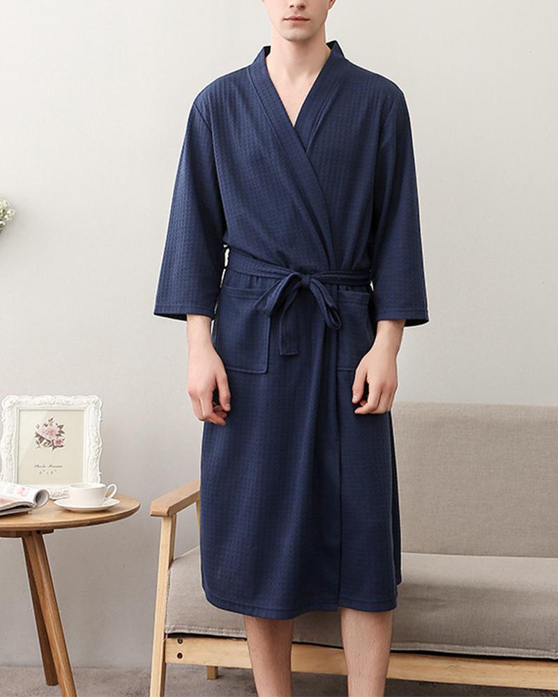 

Solid Color Lace-up Long Sleeve Nightgown, Purplish blue