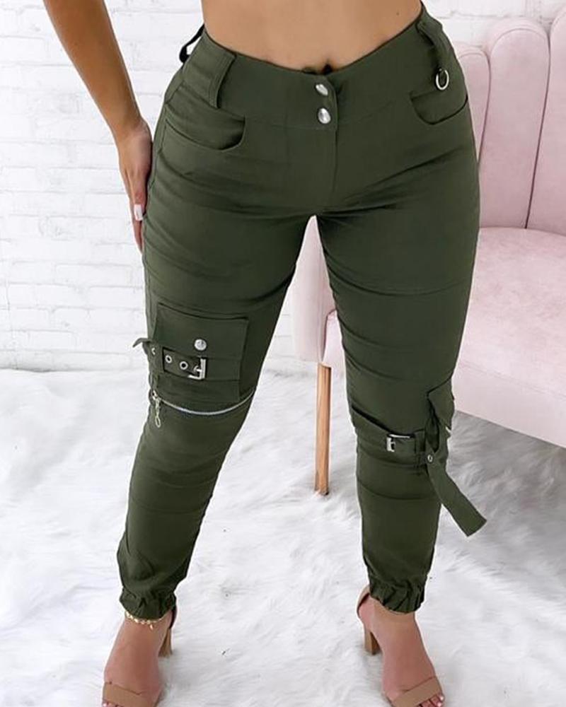 

Pocket Zipper Detail Skinny Cargo Pants, Green