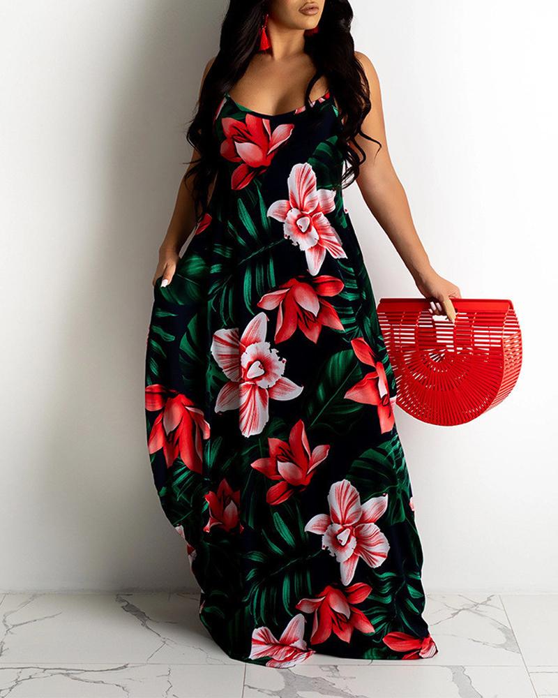 

Plus Size Tropical Print Spaghetti Strap Maxi Dress, Red