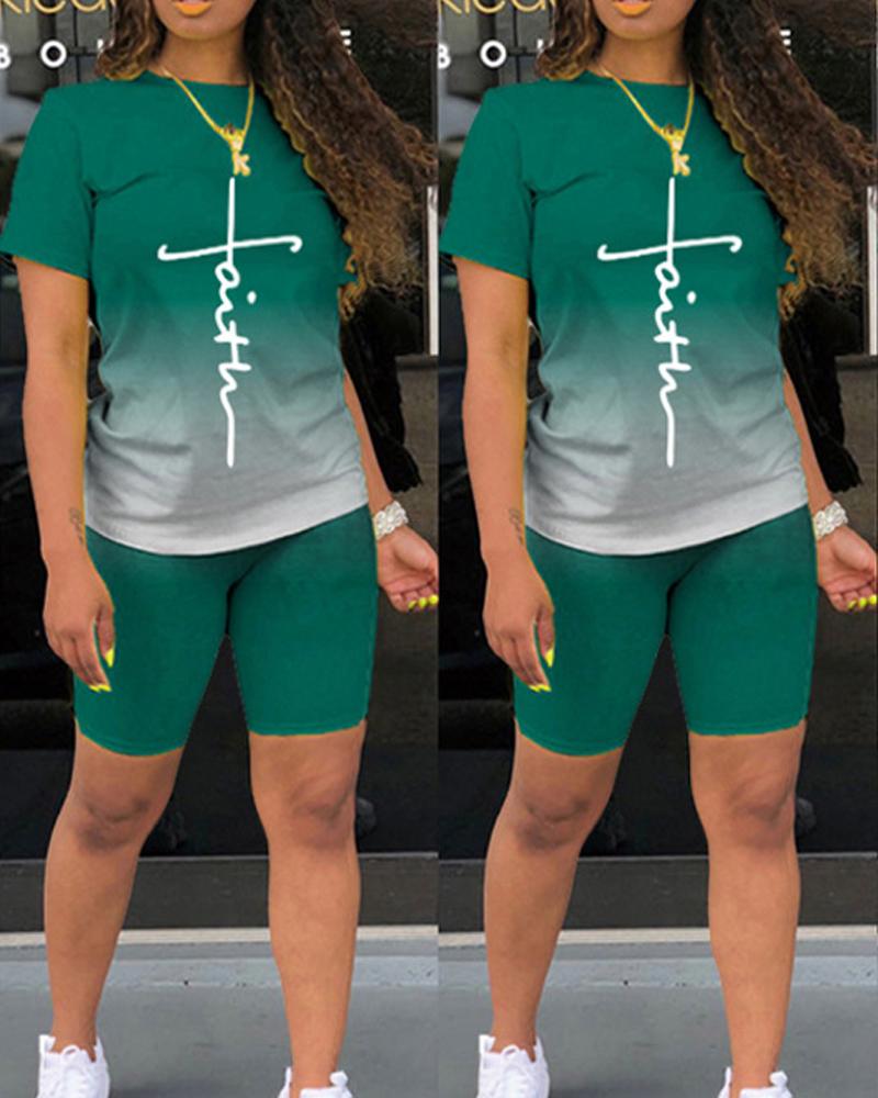 

Letter Print Ombre Casual Top & Shorts Set, Green