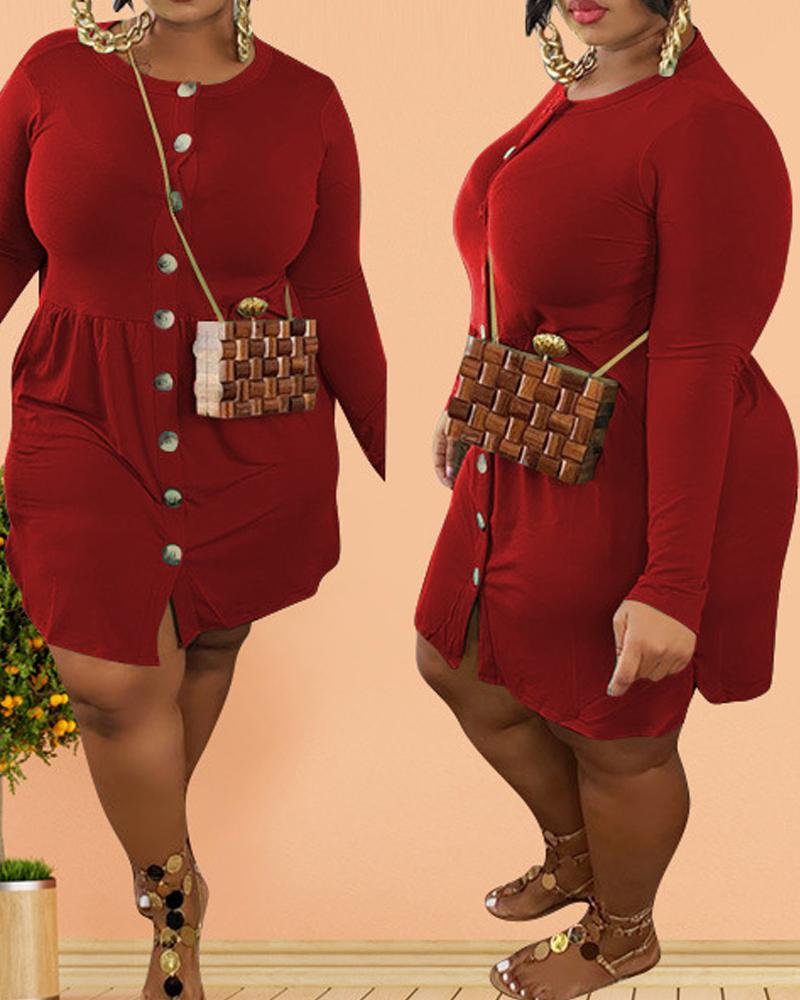 

Plus Size Button Front Long Sleeve Casual Dress, Wine red