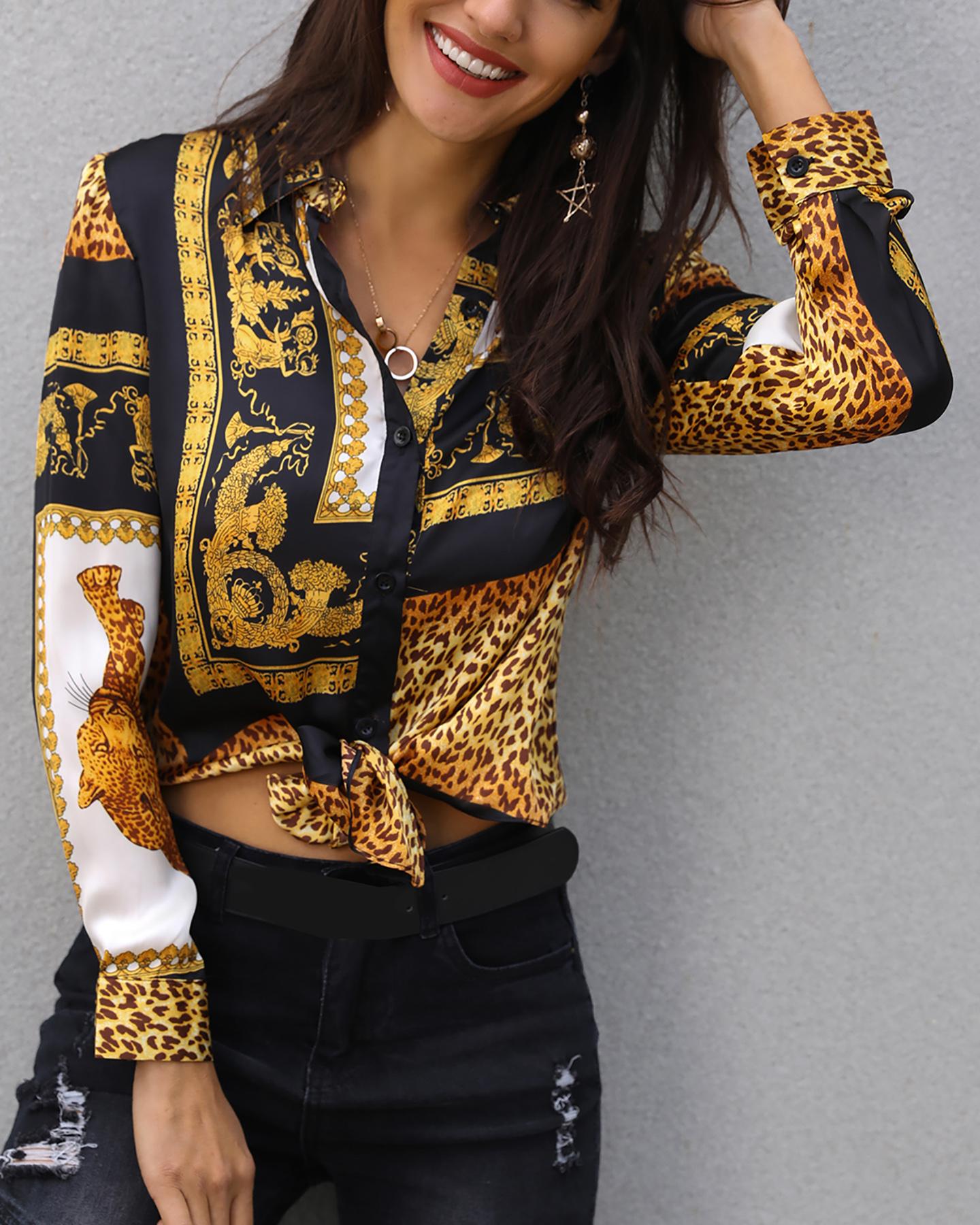 Leopard Baroque Print Knot Front Long Sleeve Top