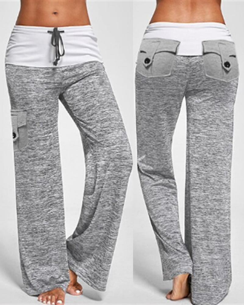 

Drawstring Colorblock Pocket Design Wide Leg Pants, Light gray