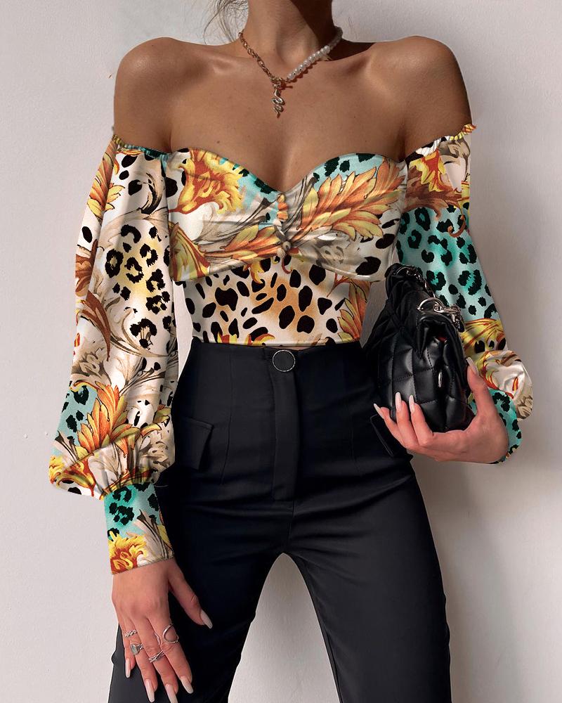 

Off Shoulder Leopard Print Lantern Sleeve Top, Multicolor
