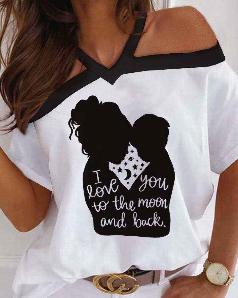 

Mother' Day Cold Shoulder Letter Figure Print Top, White