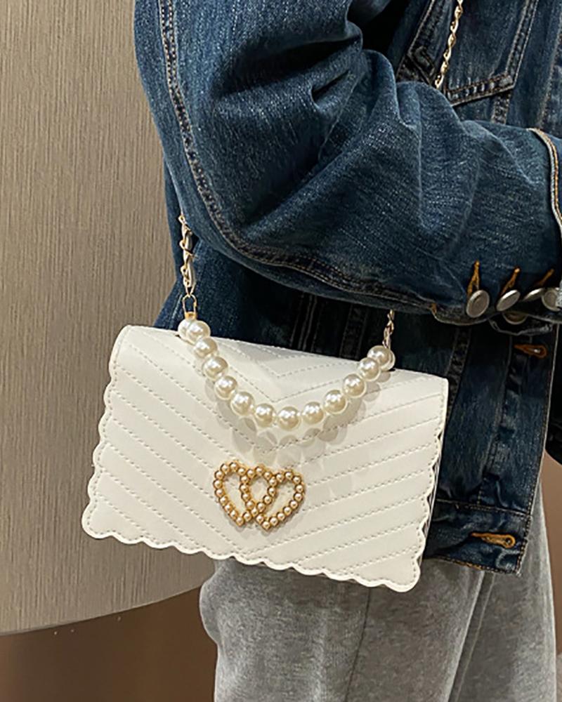 

Heart Pattern Beaded Chevron Satchel Bag, White